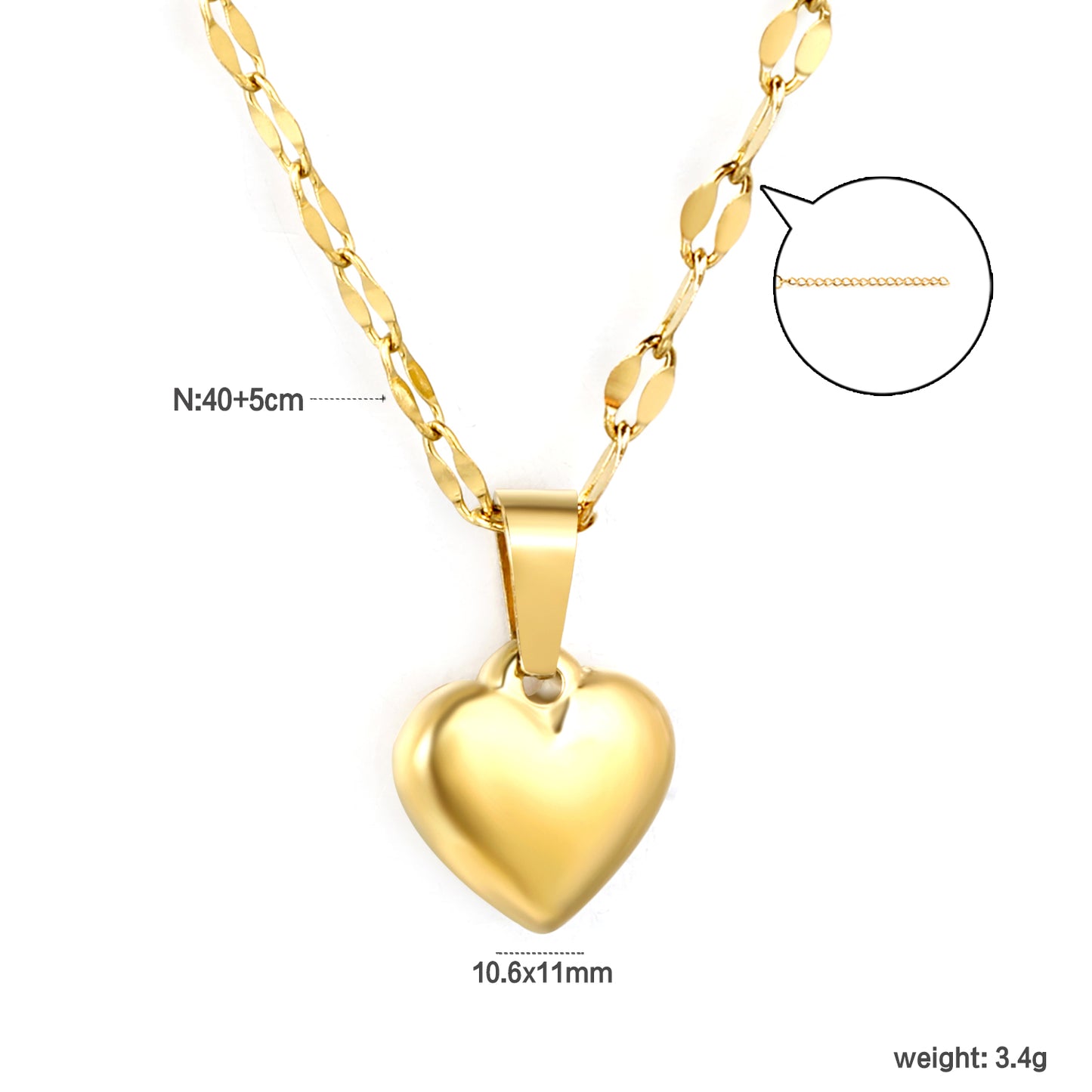 Chaînette en acier inoxydable avec médaille en forme de coeur