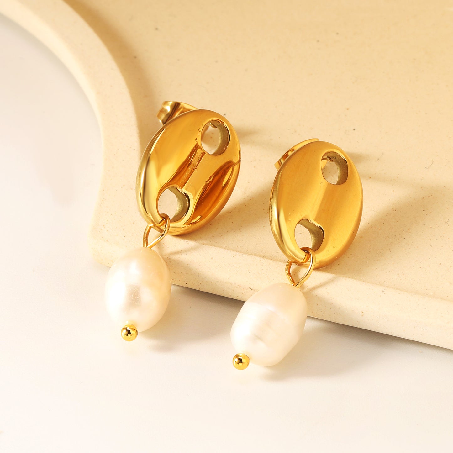Boucles d’oreilles Pendantes en acier inoxydable Or et Perles
