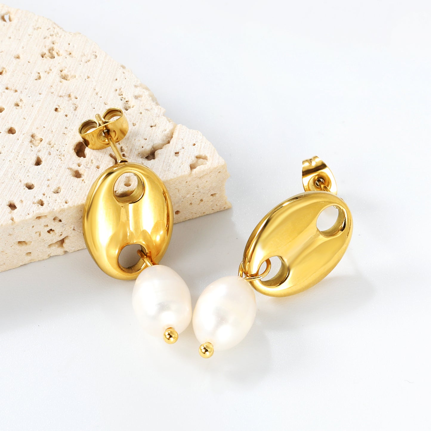 Boucles d’oreilles Pendantes en acier inoxydable Or et Perles