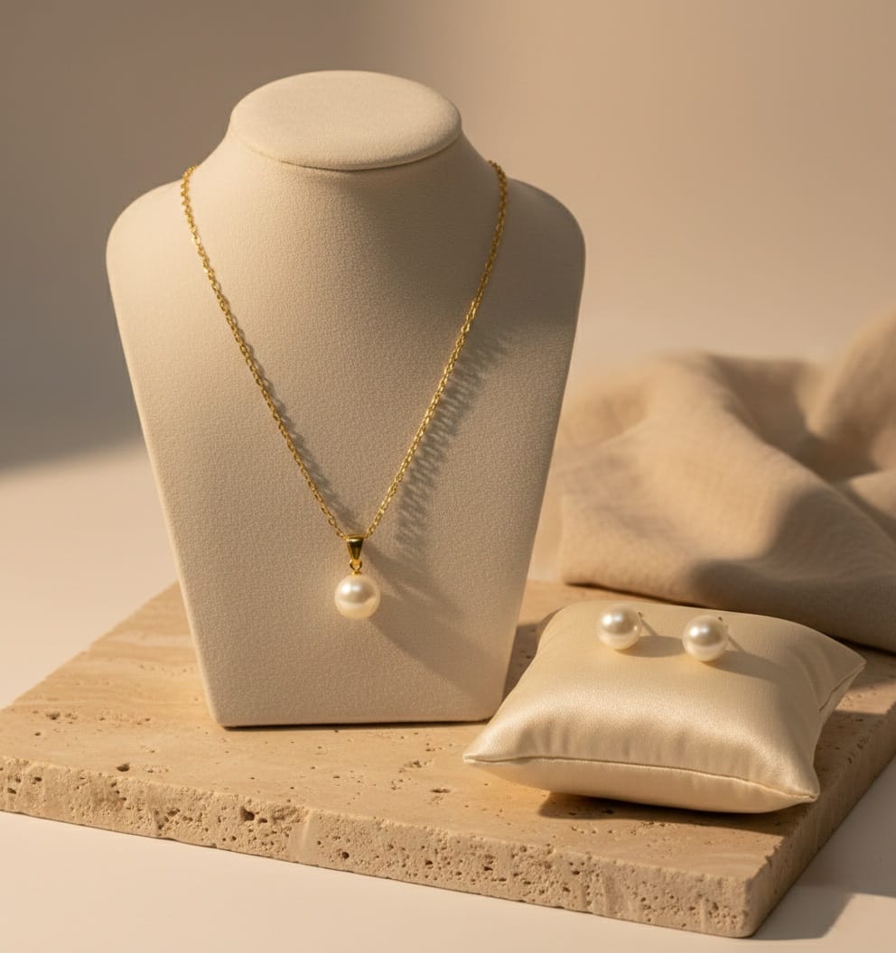 Ensemble Boucles d’oreilles et chaînette en acier inoxydable Perles blanches élégantes