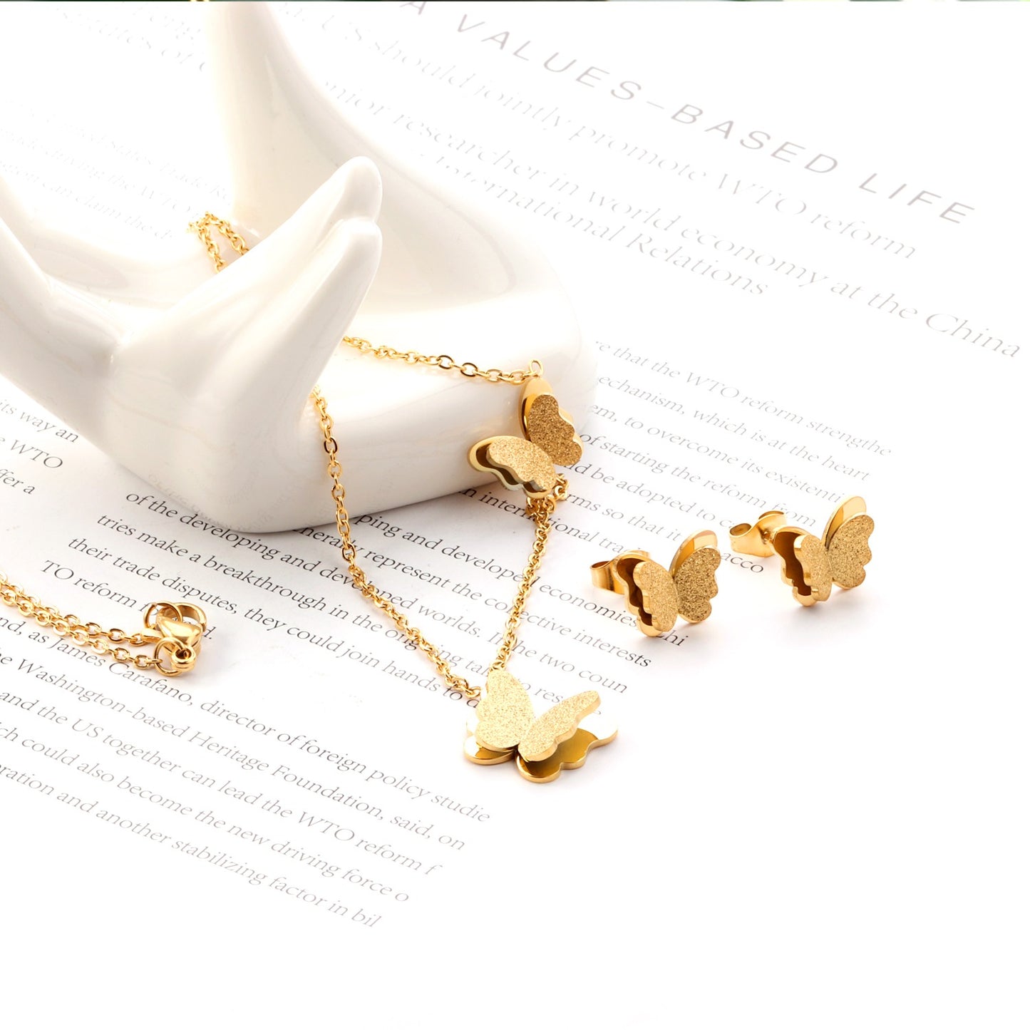 Ensemble Boucles d’oreilles et chaînette en acier inoxydable Papillons