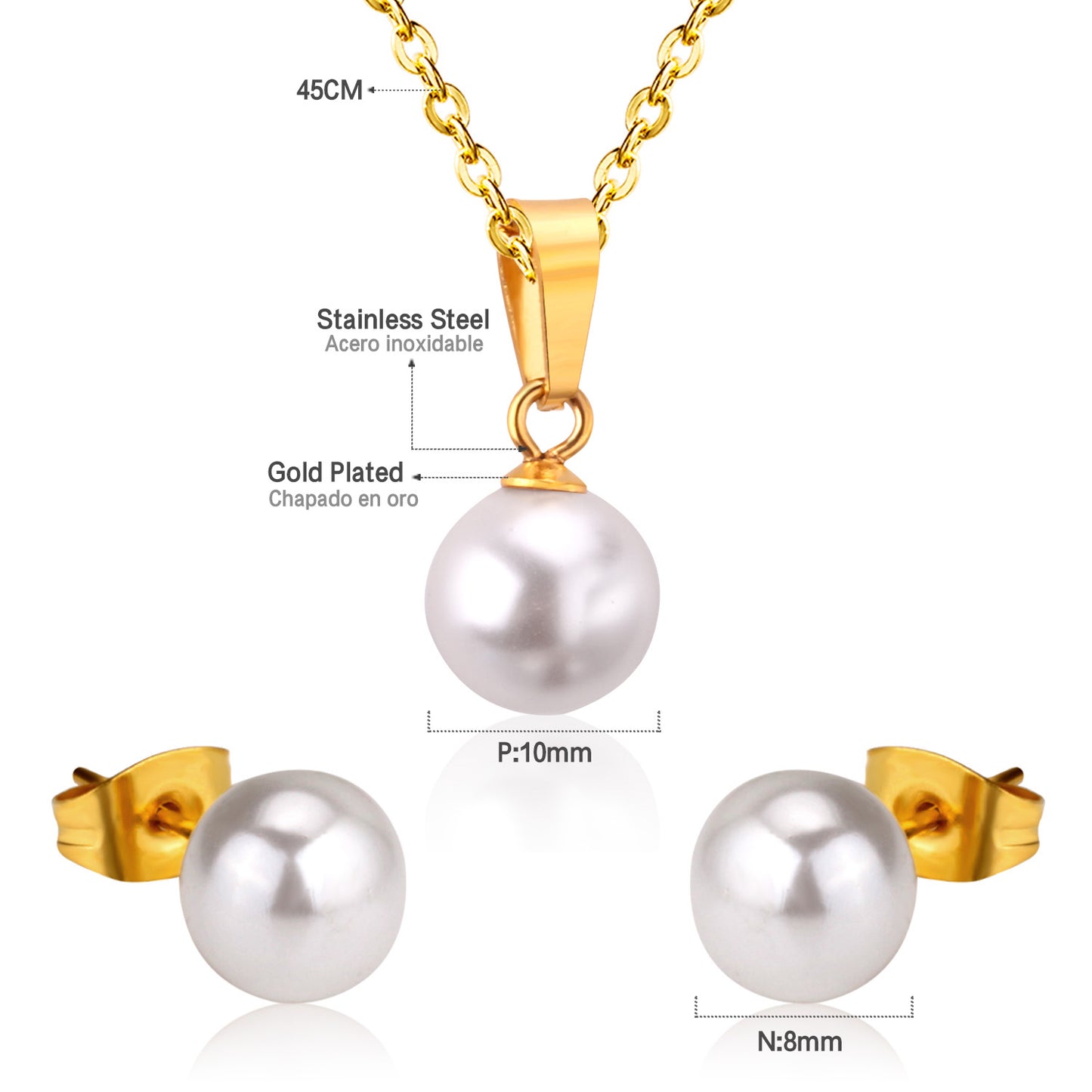 Ensemble Boucles d’oreilles et chaînette en acier inoxydable Perles blanches élégantes