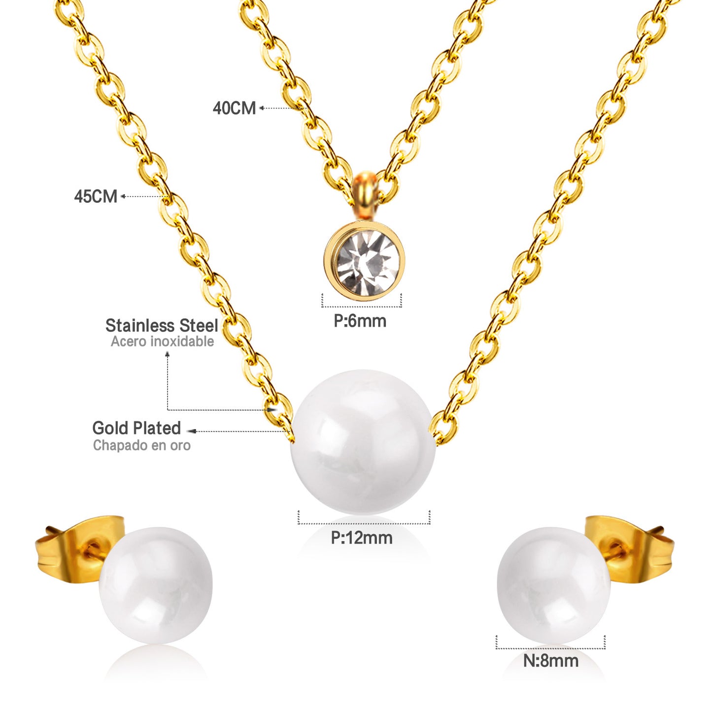 Ensemble Boucles d’oreilles et chaînette en acier inoxydable Perles blanches d'amour