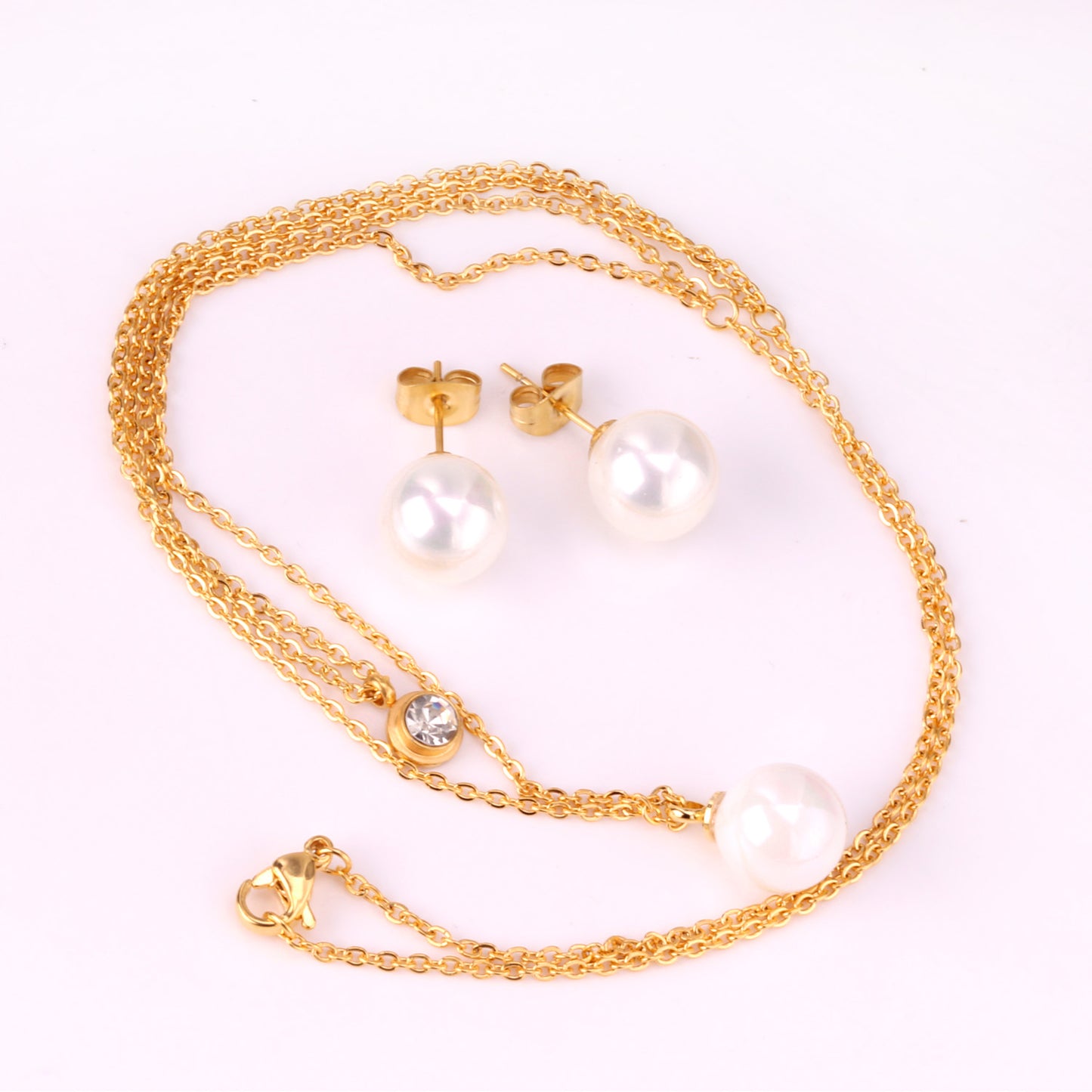 Ensemble Boucles d’oreilles et chaînette en acier inoxydable Perles blanches d'amour