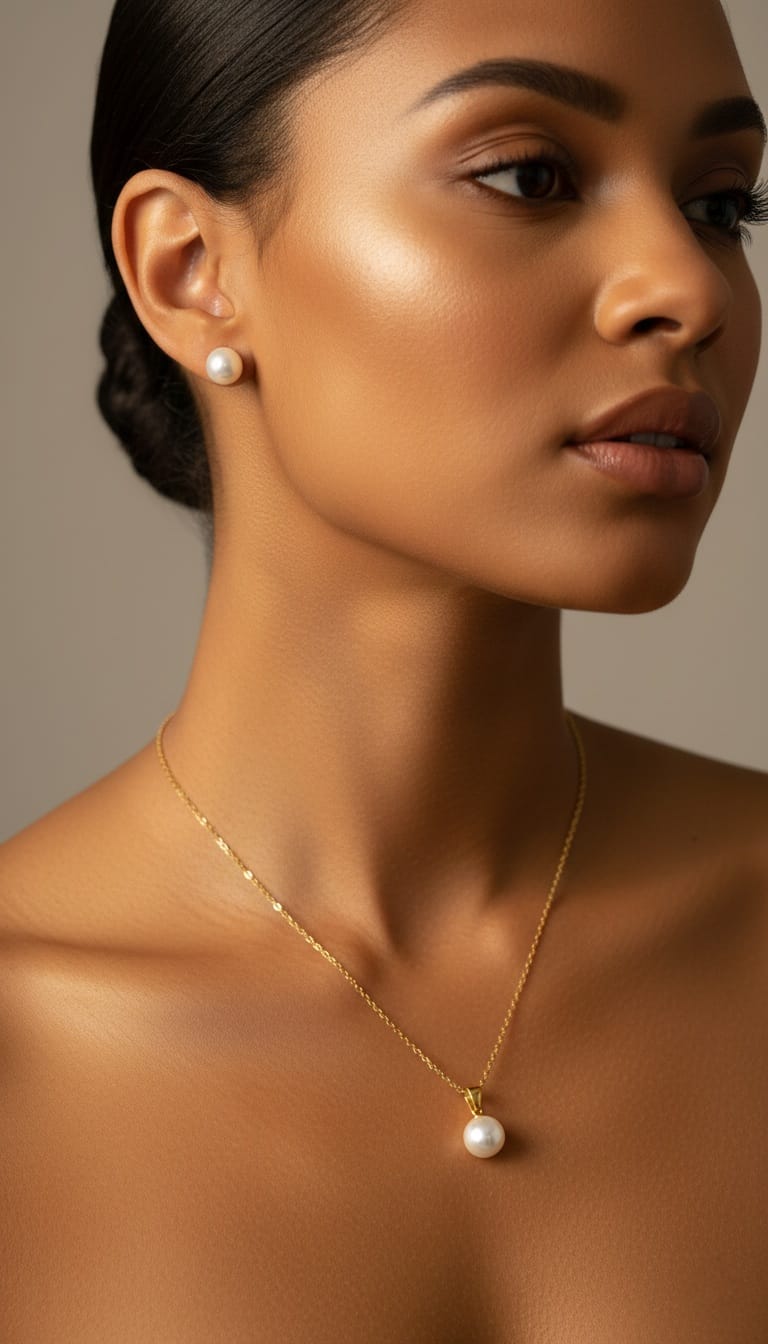 Ensemble Boucles d’oreilles et chaînette en acier inoxydable Perles blanches élégantes