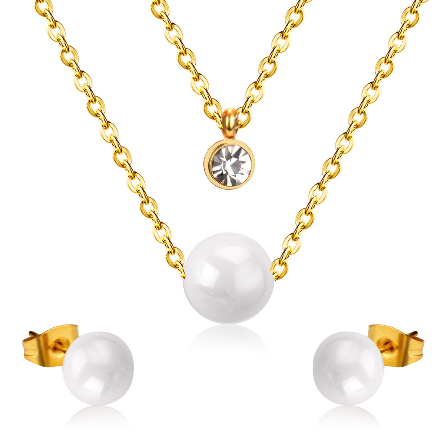 Ensemble Boucles d’oreilles et chaînette en acier inoxydable Perles blanches d'amour
