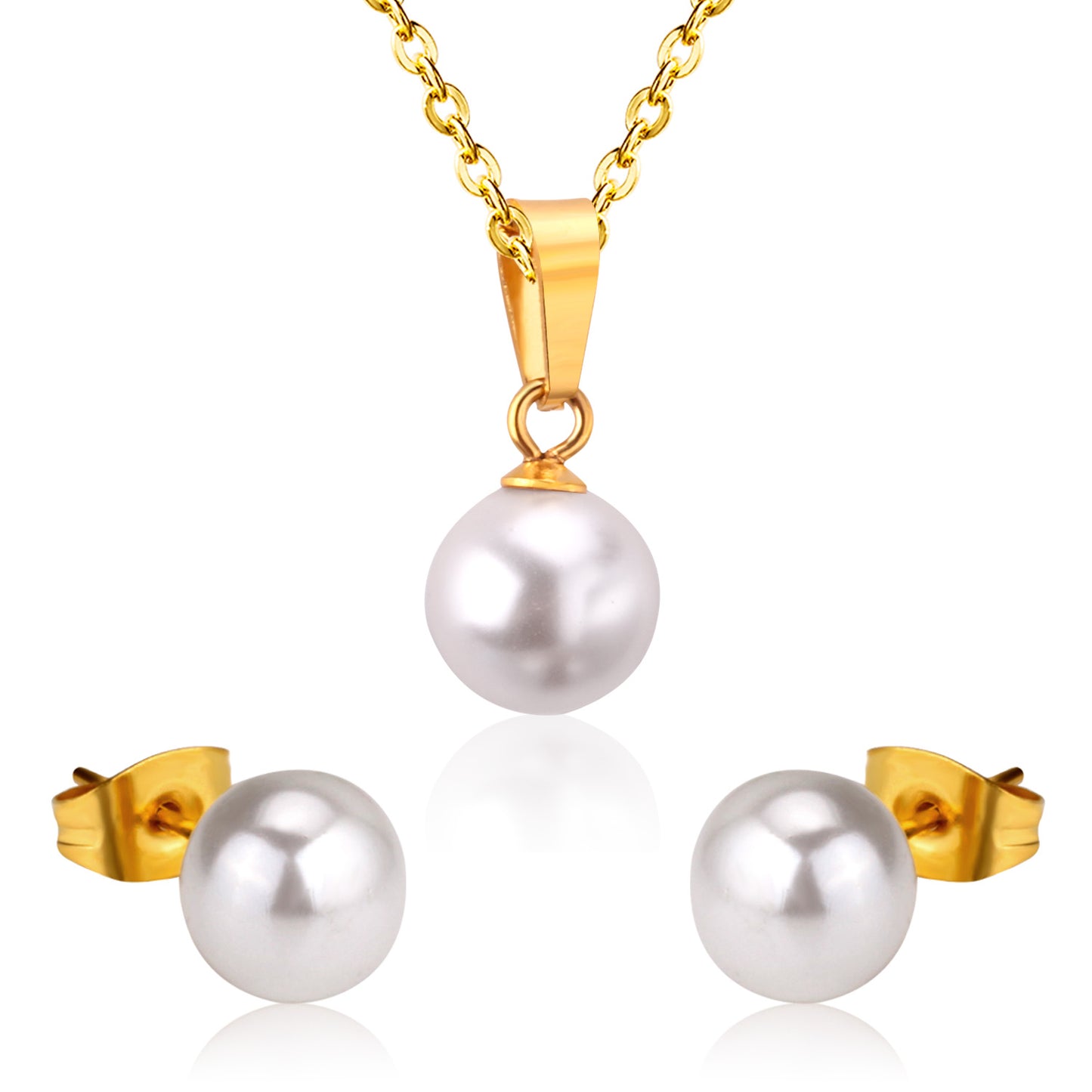 Ensemble Boucles d’oreilles et chaînette en acier inoxydable Perles blanches élégantes