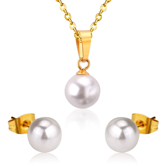 Ensemble Boucles d’oreilles et chaînette en acier inoxydable Perles blanches élégantes